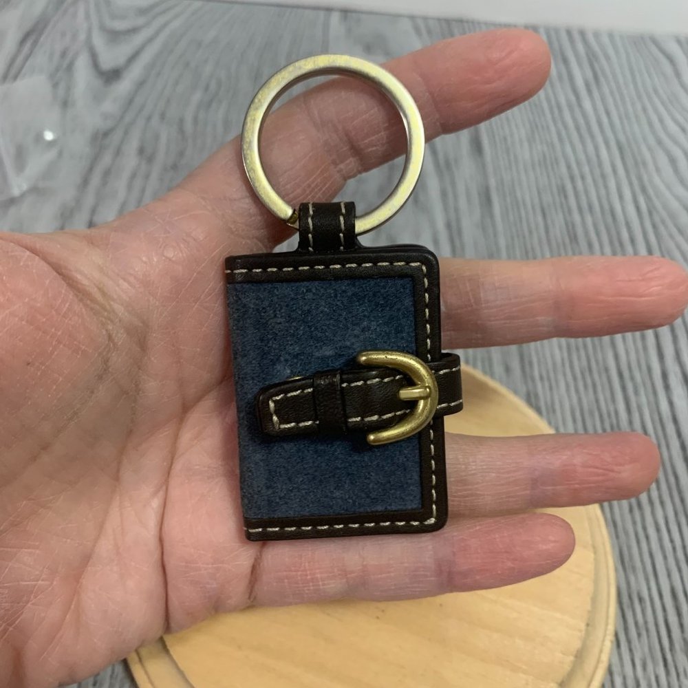 Rare Coach Suede Leather Navy Blue On Brown Mini Picture Frame Keychain Keycharm - Picture 4 of 12